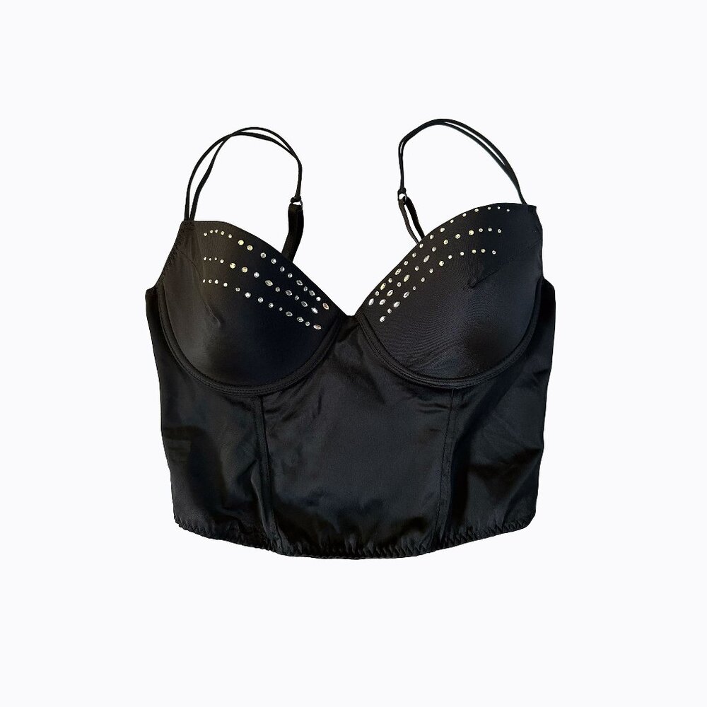 Vintage Black Satin Bustier Corset Bra 38C Studded Rockabilly Crop Top Y2K Pinup